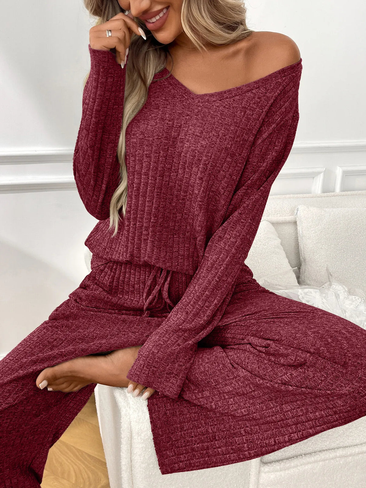 Ribbed Long Sleeve Top and Pants Lounge Set -
