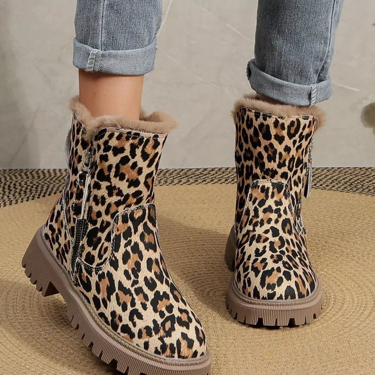 Leopard Print Fur Lined Ankle Boots - Leopard