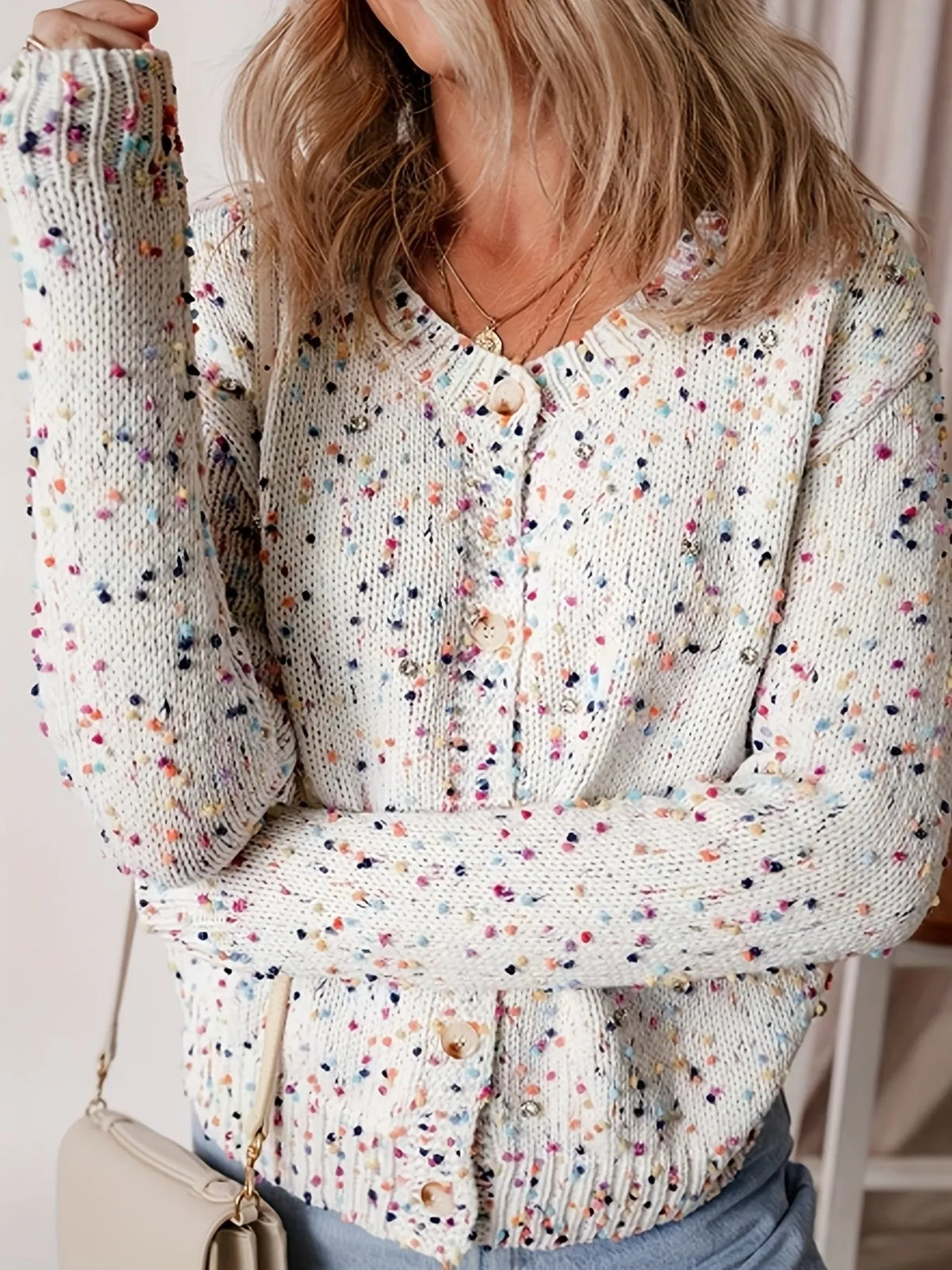 Colorful Button Up Long Sleeve Cardigan - White