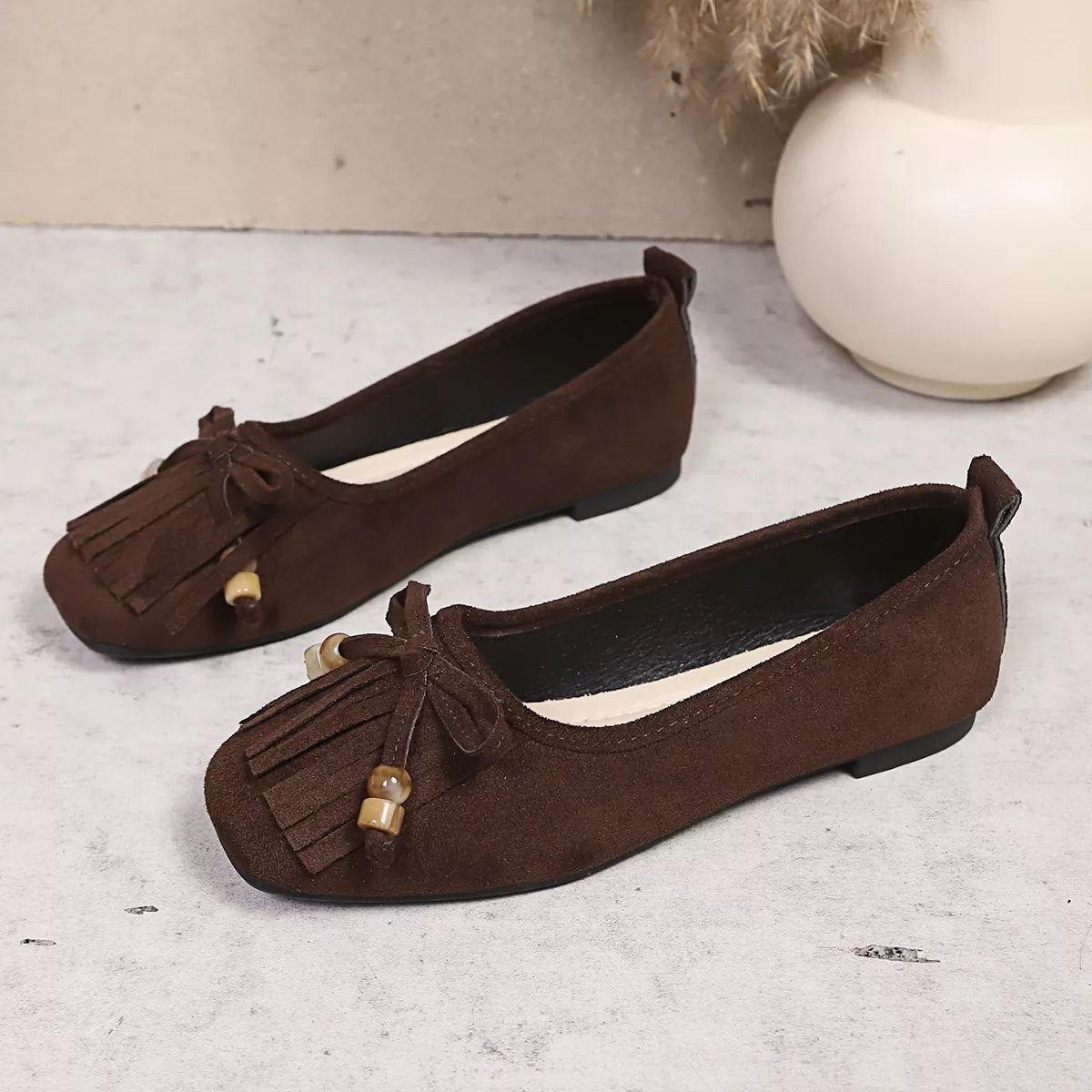 Suede Fringe Slip-Ons -
