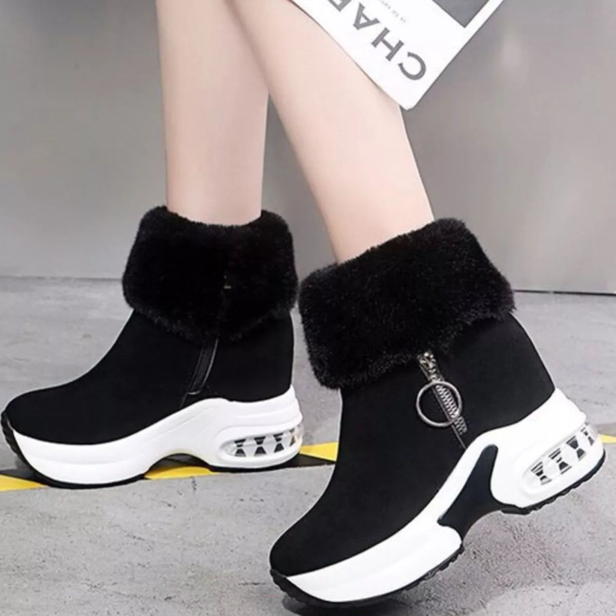 Fuzzy Side Zipper Platform Ankle Boots -