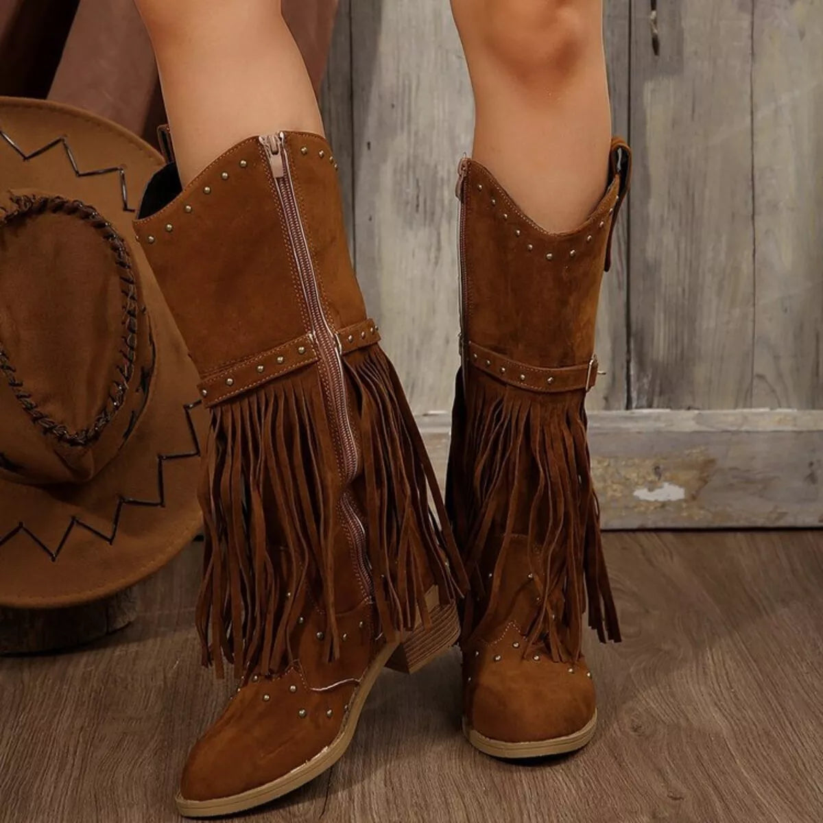 Fringe Point Toe Block Heels Boots - Caramel