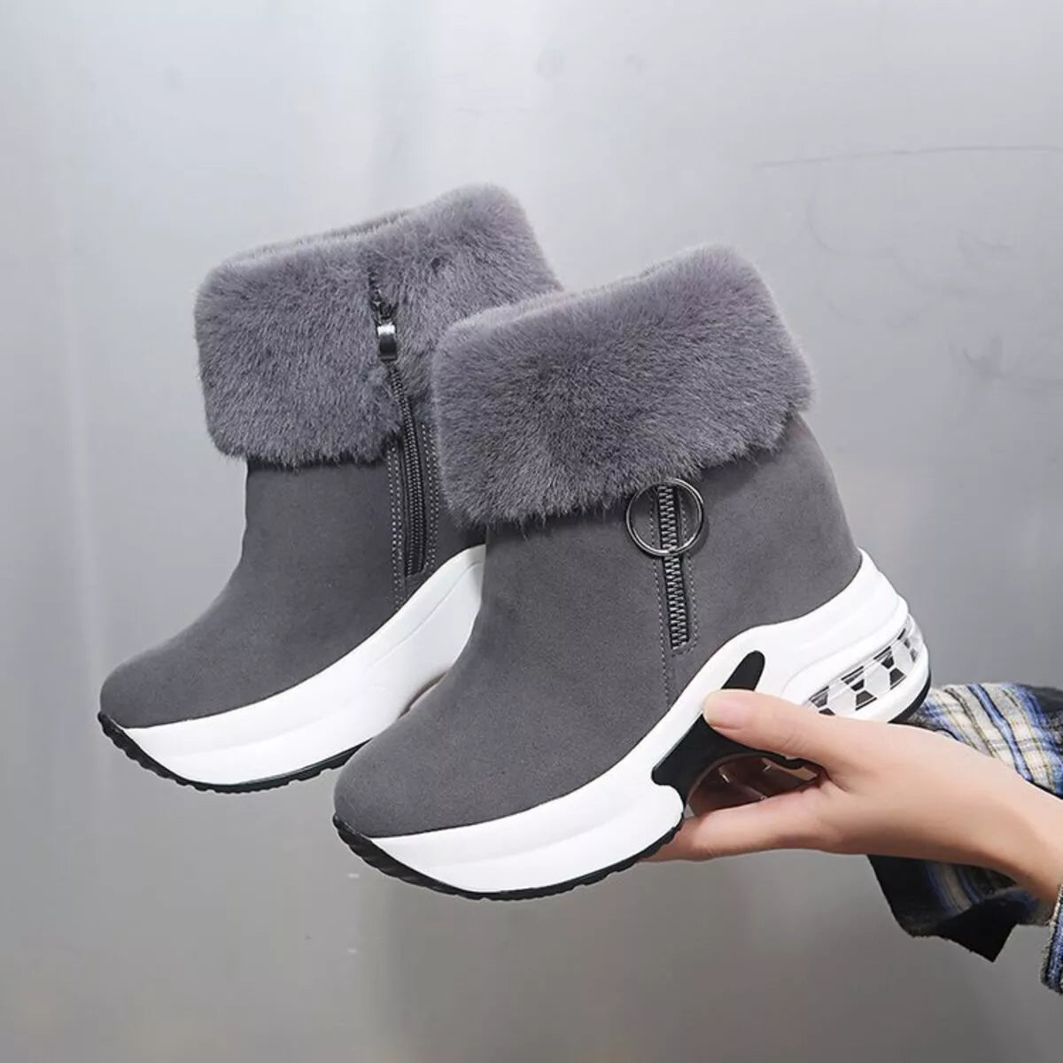Fuzzy Side Zipper Platform Ankle Boots -