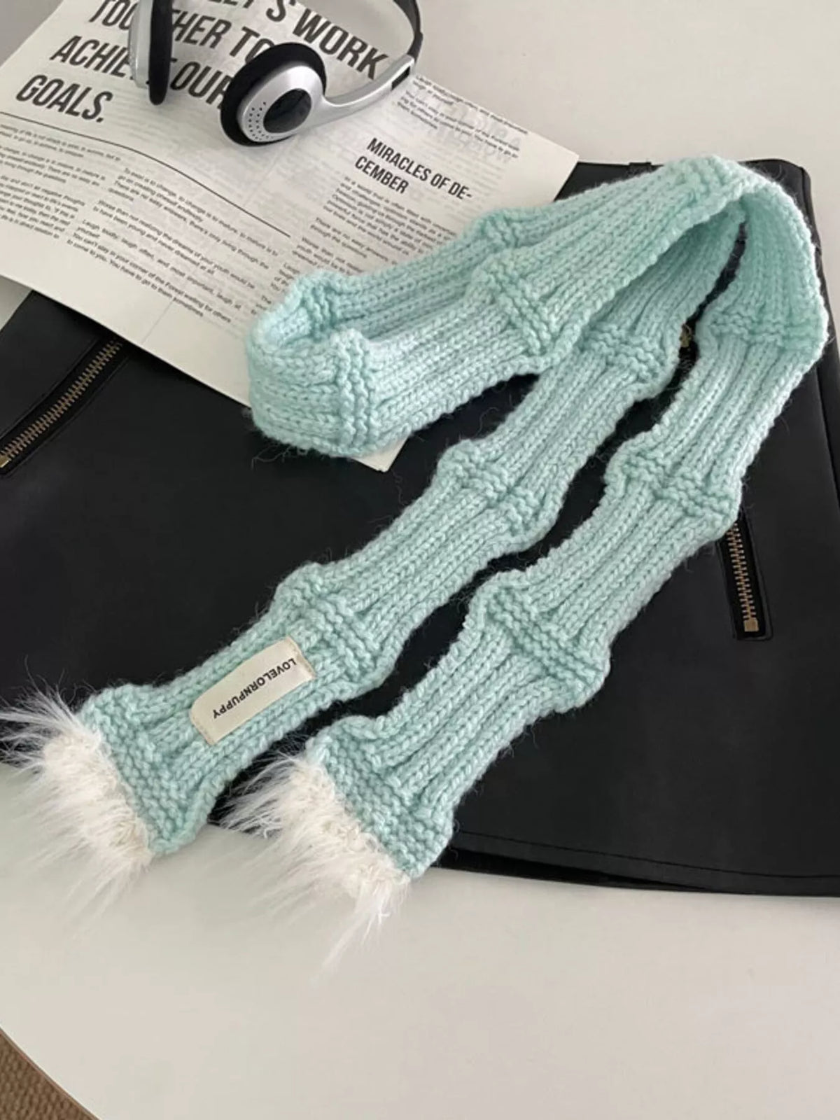 Knitted Plush Trim Scarf -