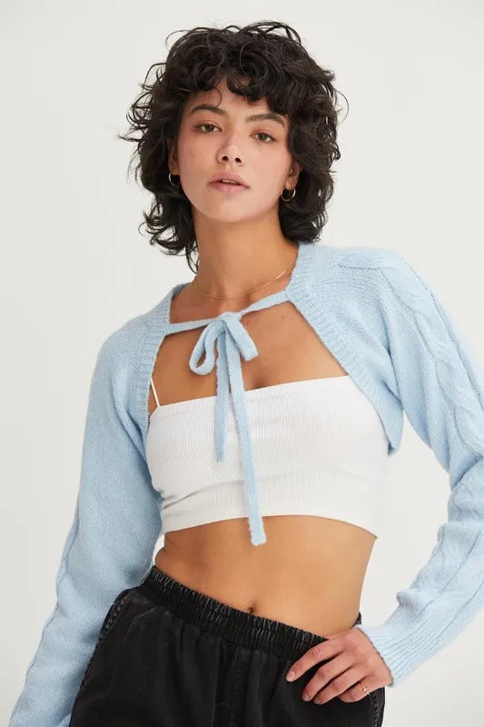 Cable-Knit Tie-Front Shrug - Baby Blue