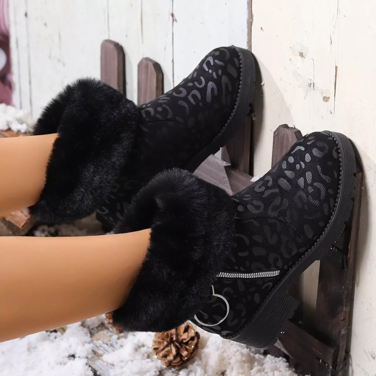 Fuzzy Cuff Leopard Print Ankle Boots -