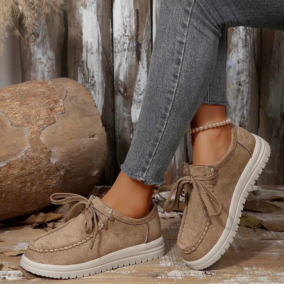 Lace-Up Round Toe Loafers - Khaki
