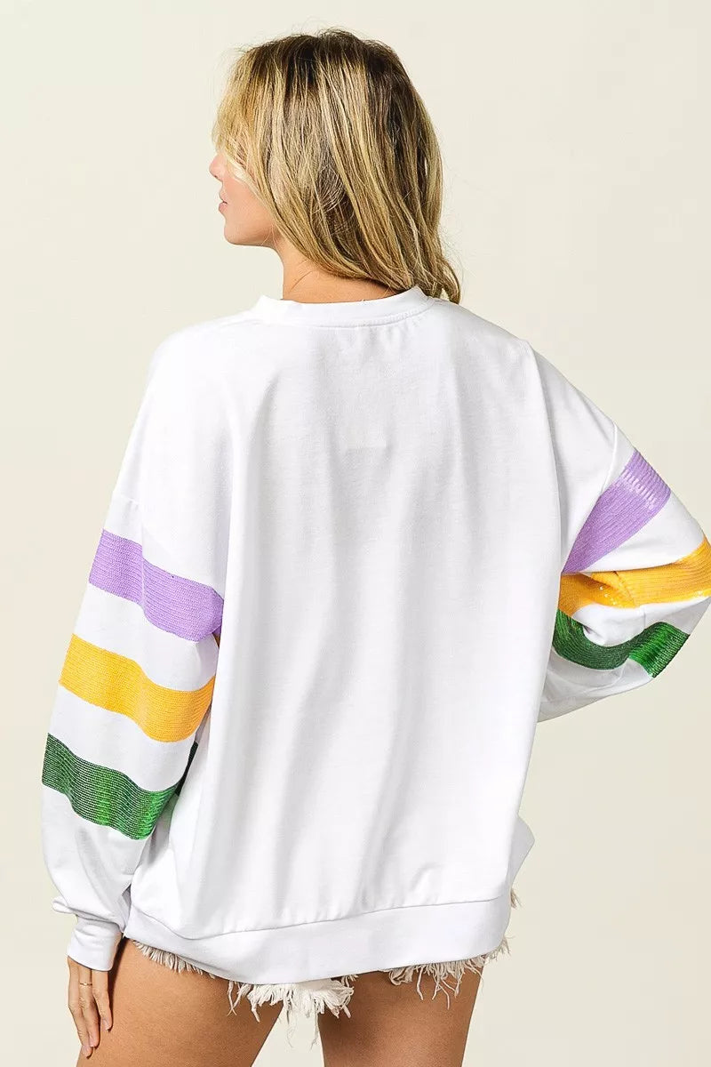Sequin Mardi Gras Striped Round Neck Sweatshirt -