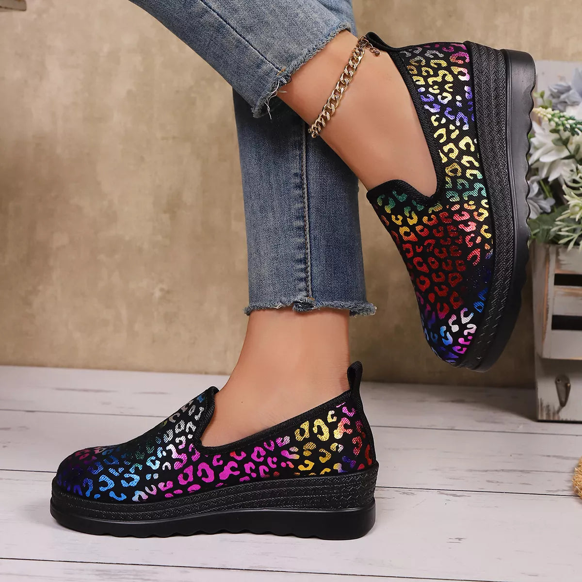 Leopard Round Toe Wedge Slip-Ons -