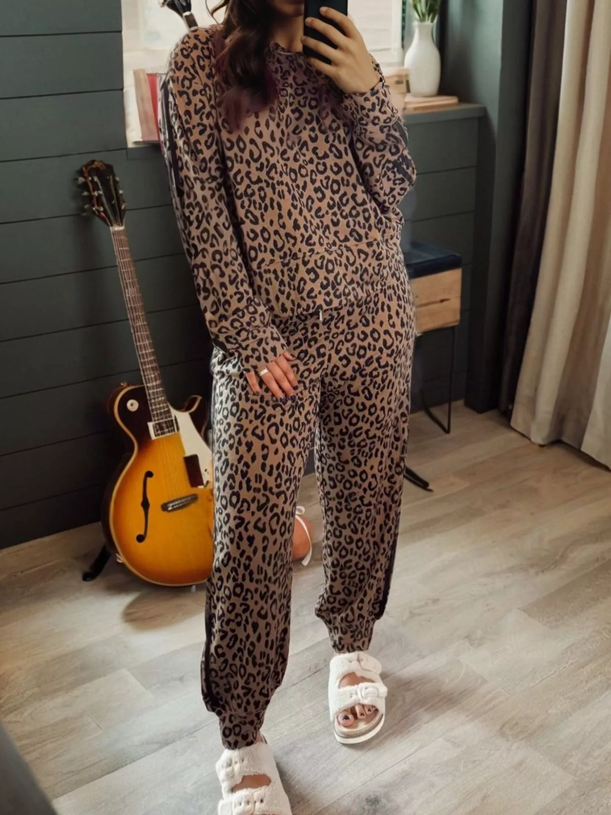 Striped Trim Leopard Long Sleeve Top Drawstring Pant Set -