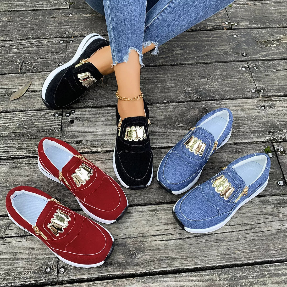 Round Toe Platform Slip-Ons - Black