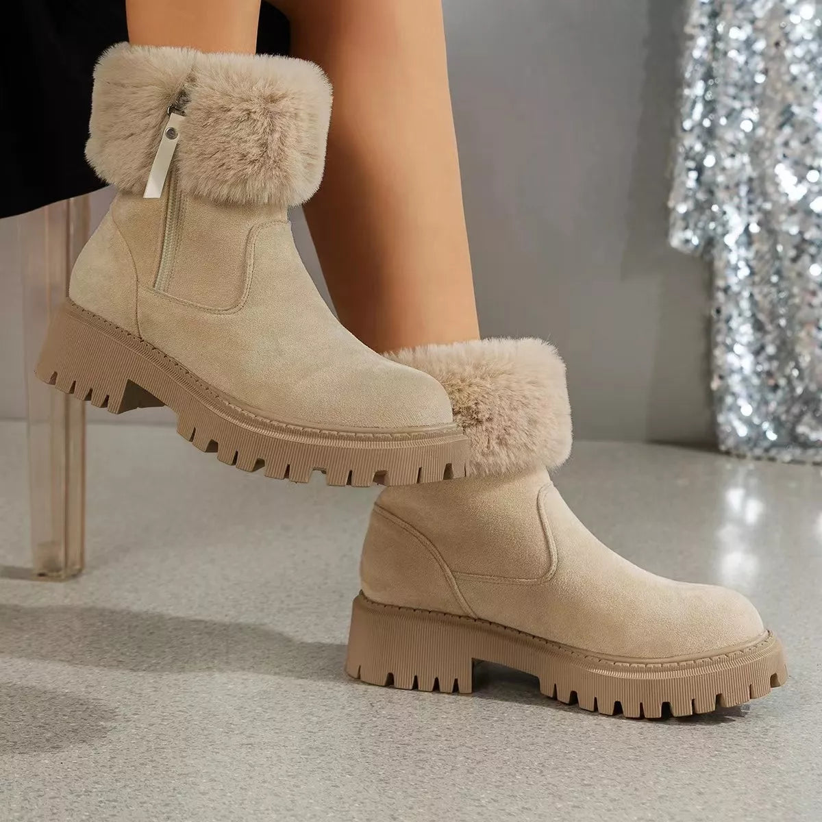 Side Zipper Fuzzy Boots - Creamy-White
