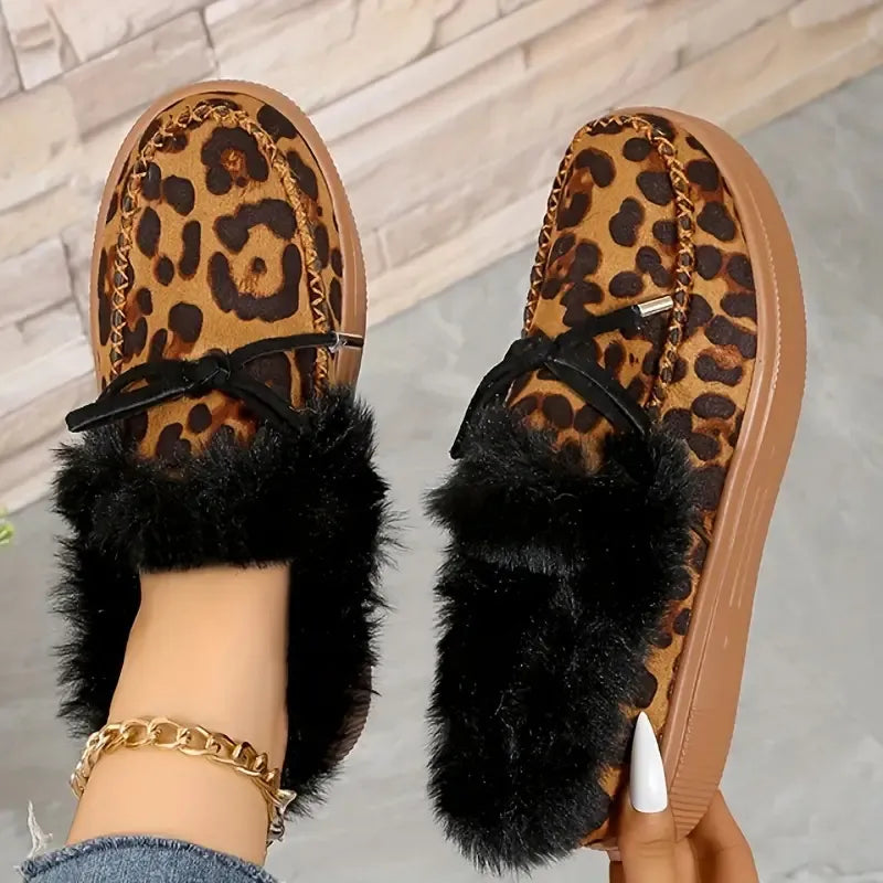 Bow Furry Round Toe Flat Slip-Ons - Leopard