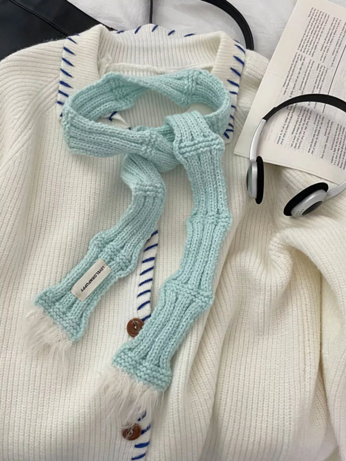 Knitted Plush Trim Scarf - Mint Color One Size
