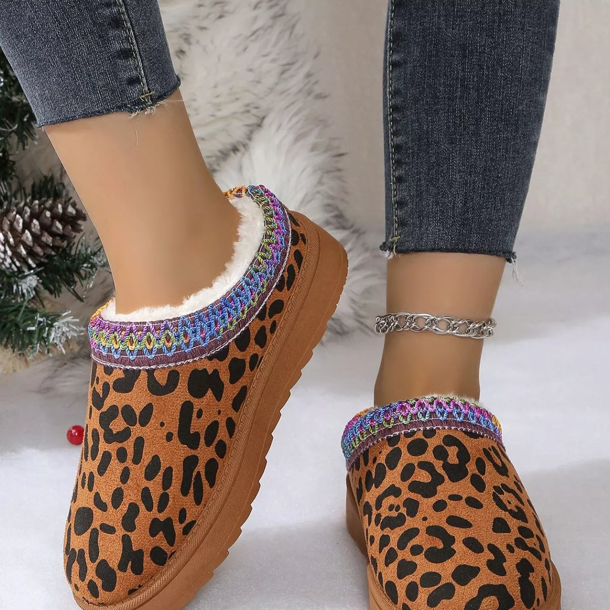 Leopard Print Plush Lined Warm Slip-Ons -
