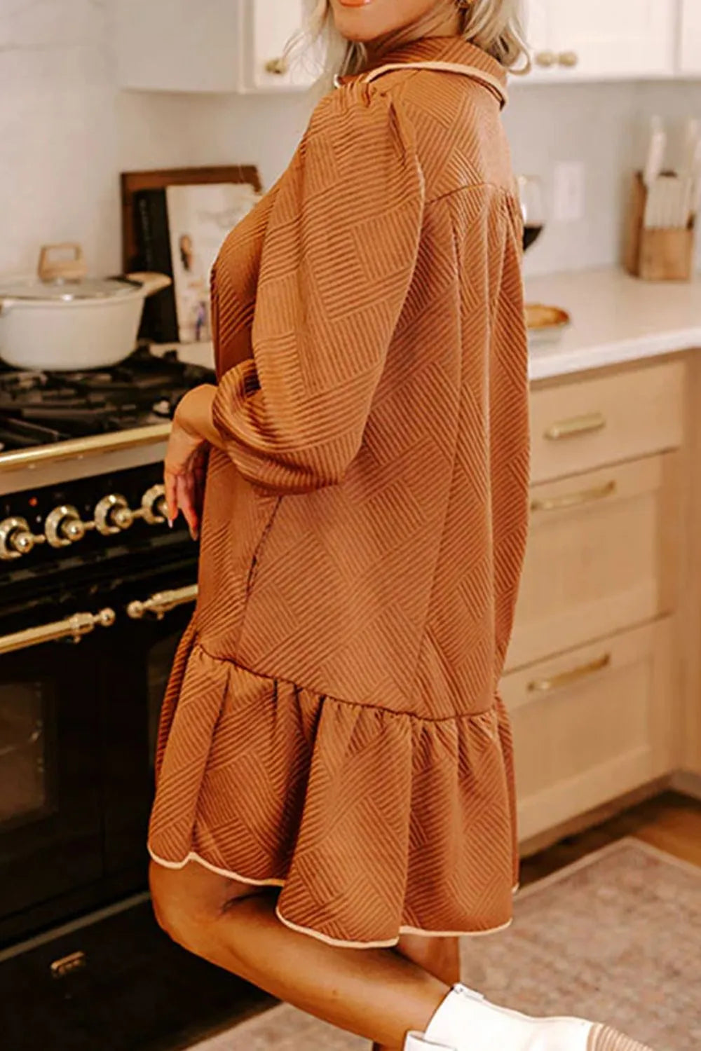 Ruffled Hem Zip Front Texture Dress -