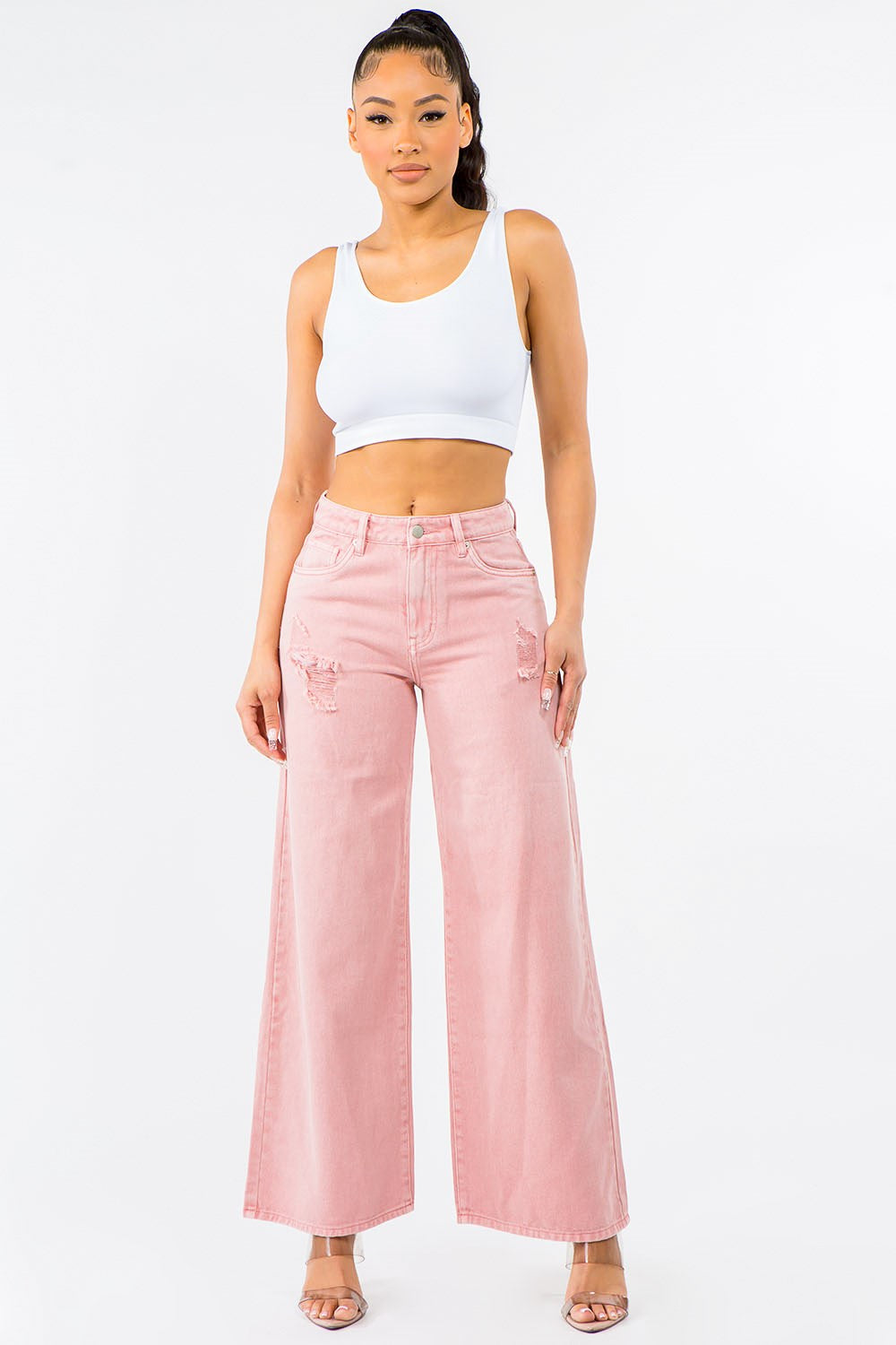 High Waist Distressed Wide Leg Jeans - Blush Pink