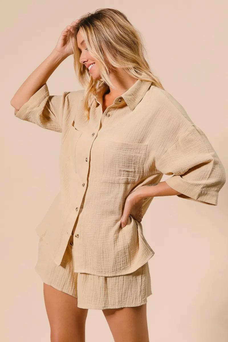 Crinkle Gauze Shirt and Short Set - Oatmeal