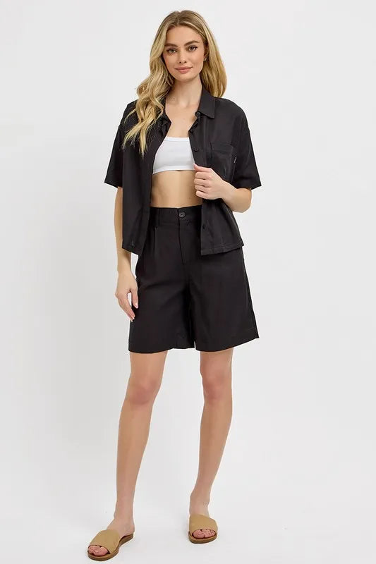 High Rise Pleated Front Shorts -