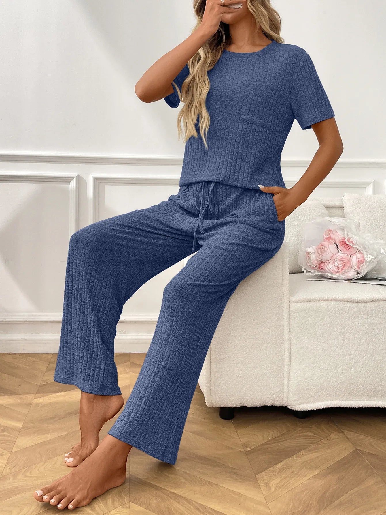 Ribbed Knit Short Sleeve Top and Pants Lounge Set -