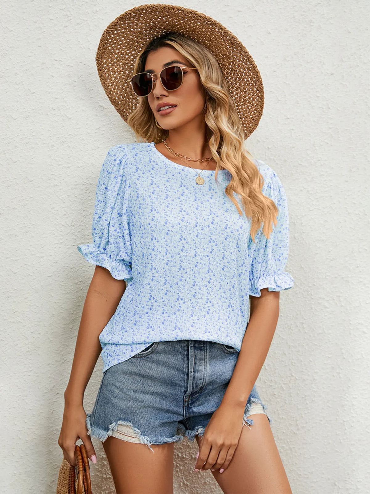 Printed Puff Sleeve Casual Blouse - Blue
