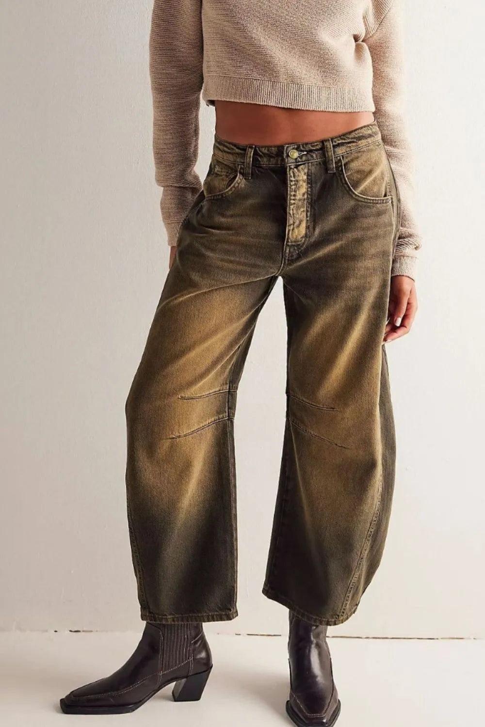 Wide Leg Jeans - Olive Brown