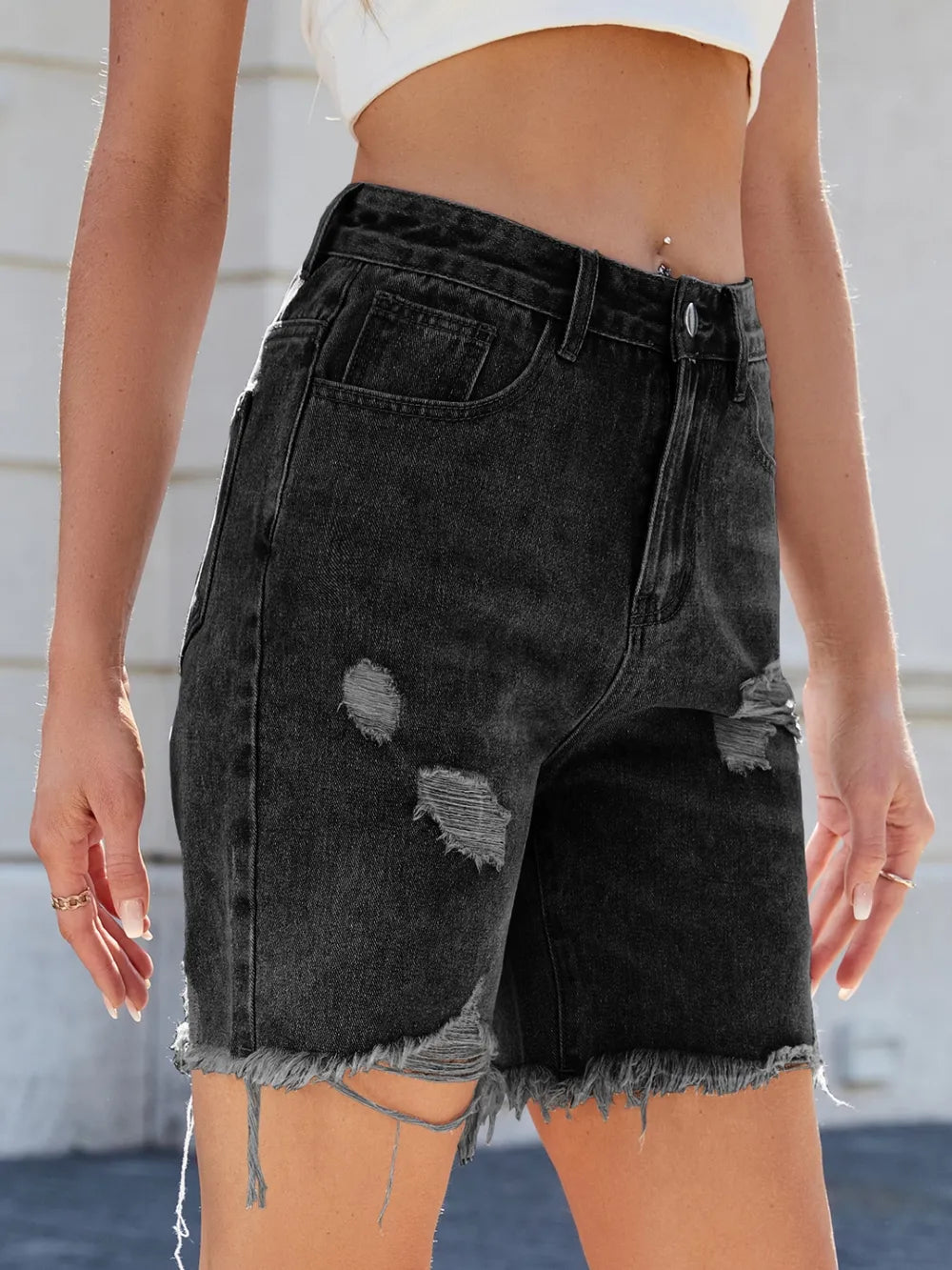 Distressed Raw Hem Denim Shorts -