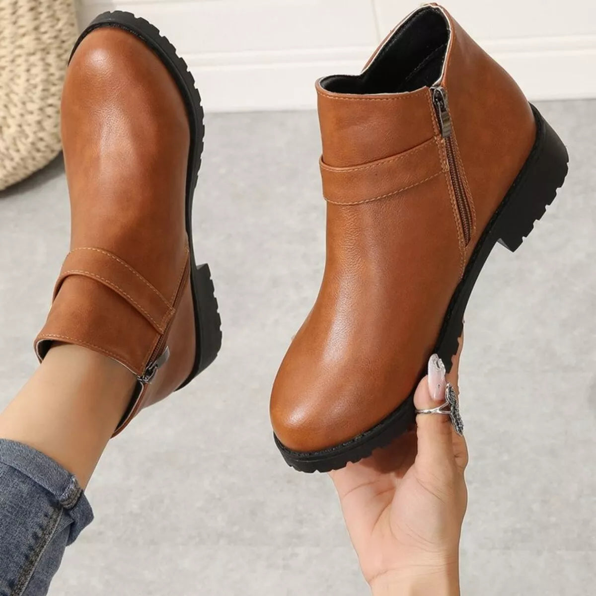 Buckle Accent Ankle Boots - Caramel