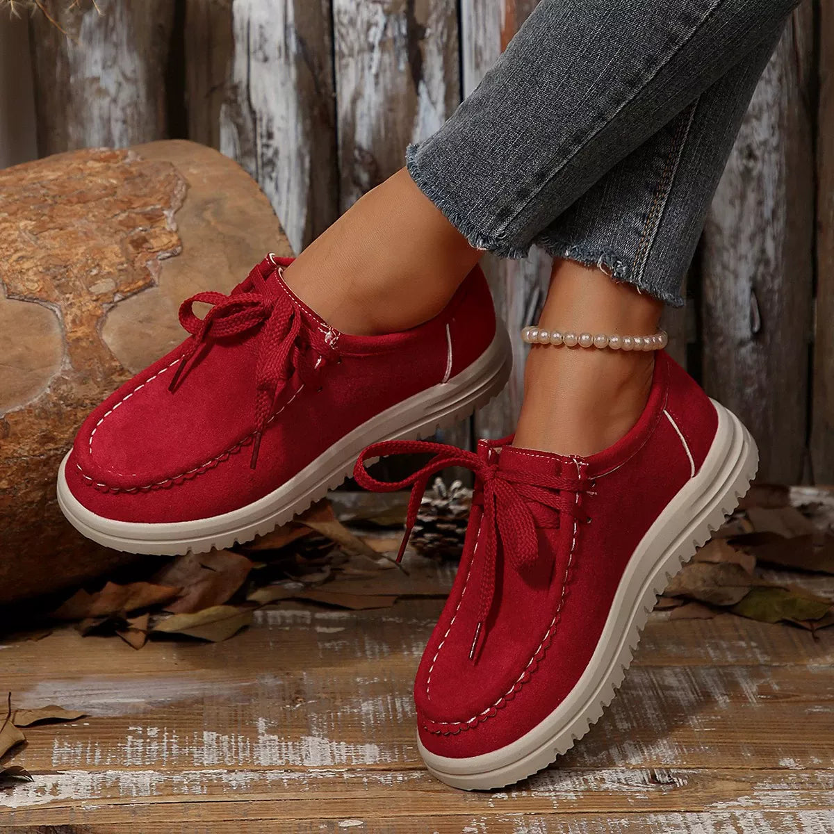 Lace-Up Round Toe Loafers - Wine Red