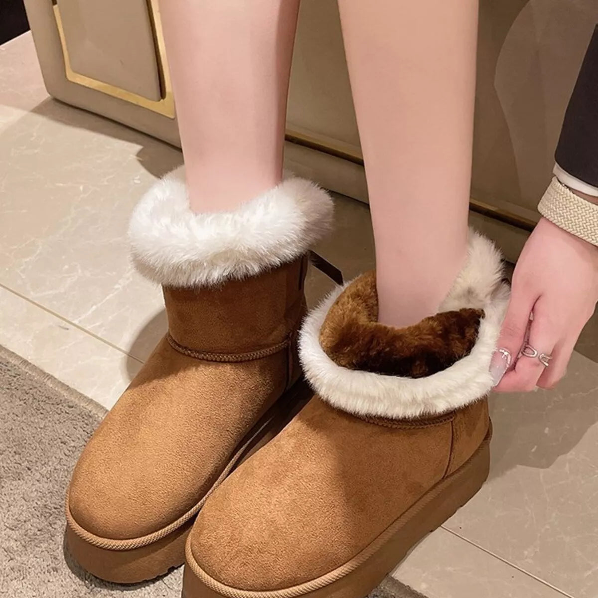 Round Toe Fuzzy Boots - Caramel