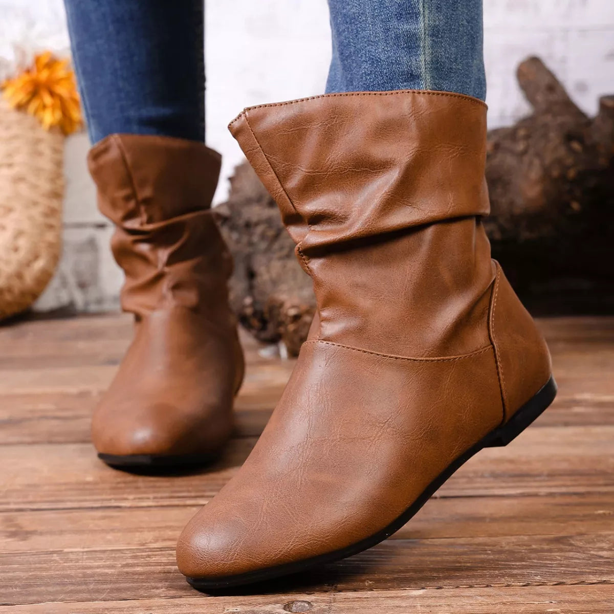 Flat Ankle Boots - Brown