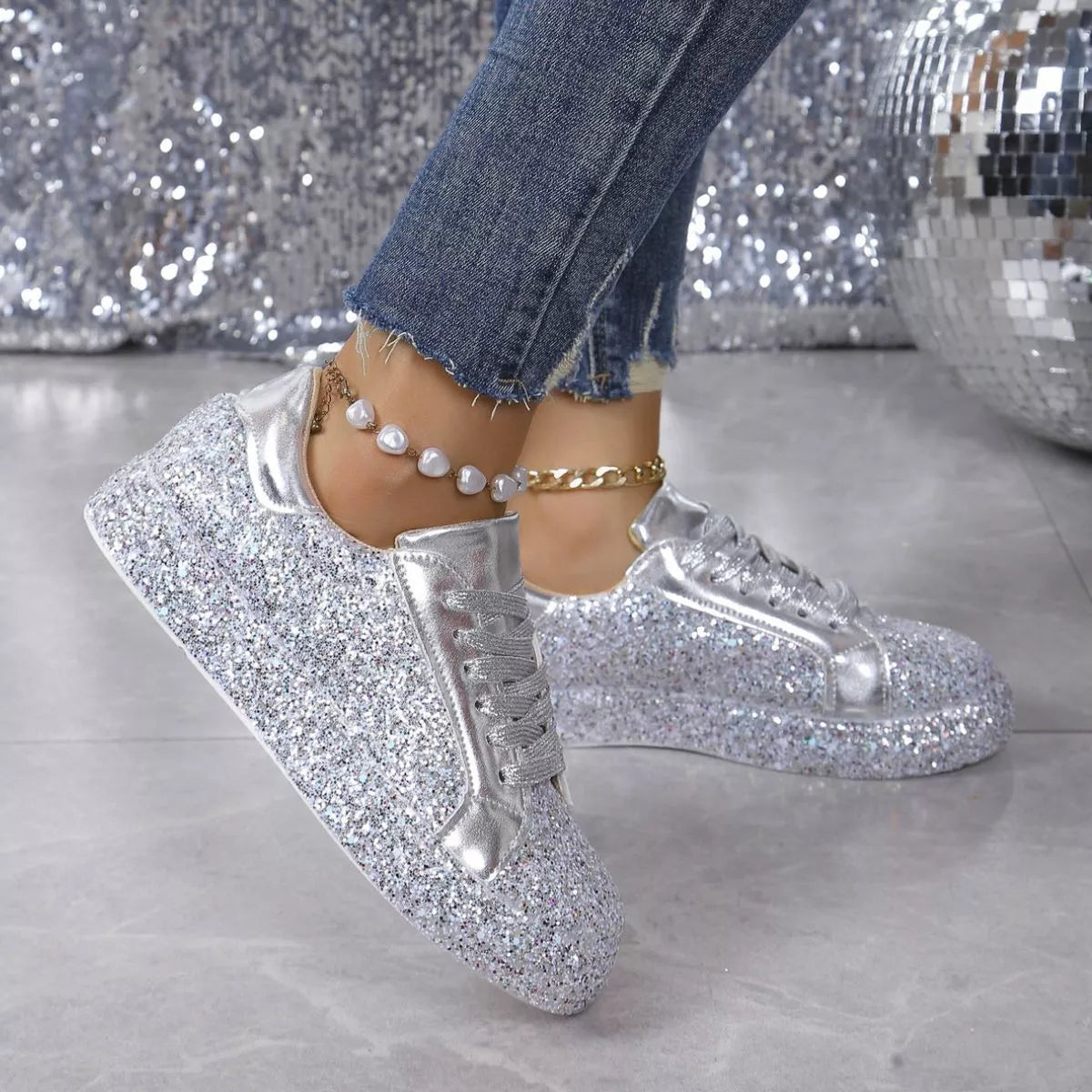 Sequin Lace Up Sneakers -