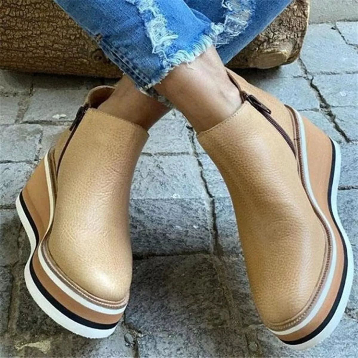 Ankle Wedge Boots with Zipper - Khaki