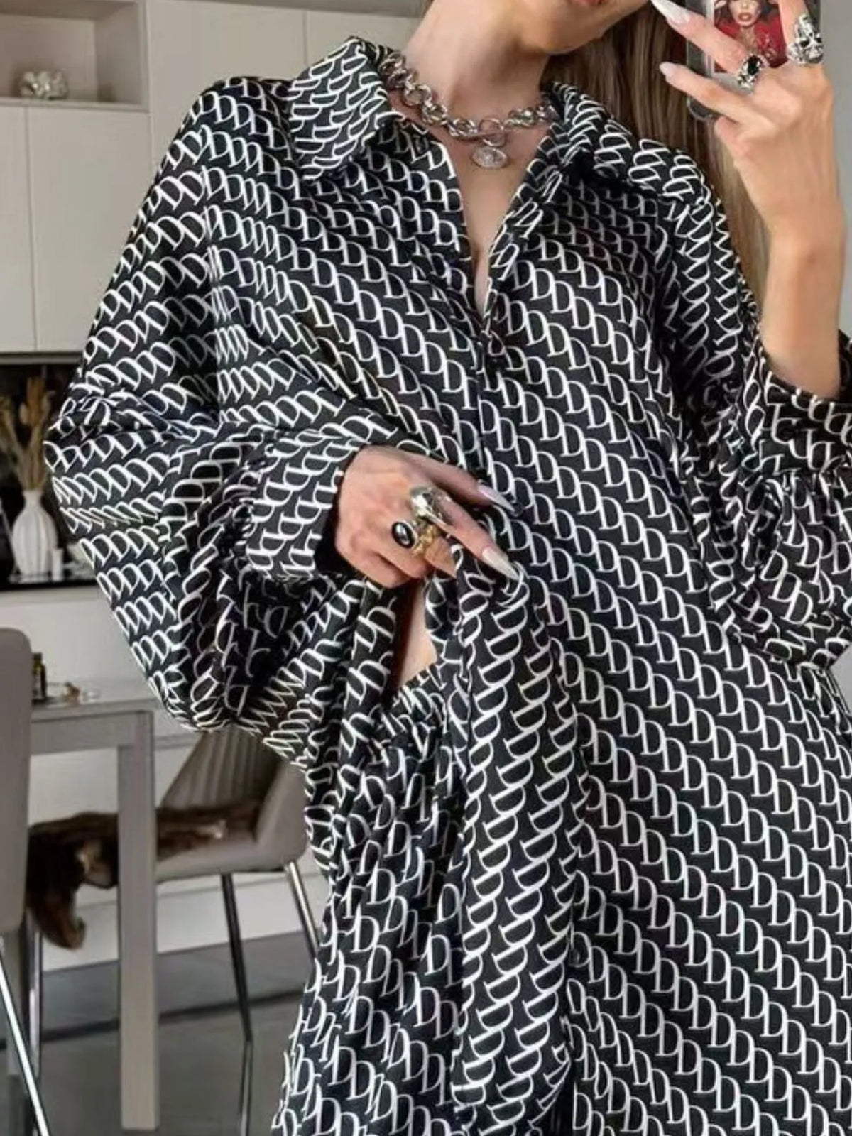 Printed Button Up Shirt and Pants Set -