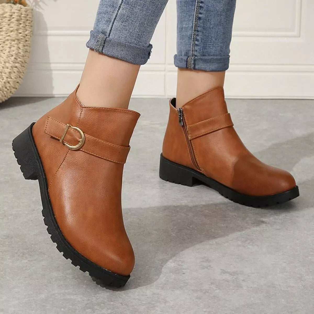 Buckle Accent Ankle Boots - Caramel