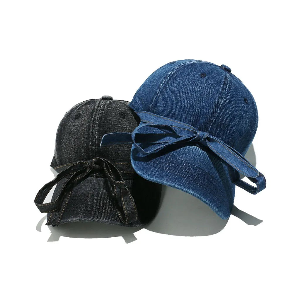 Washed Bow Denim Baseball Cap - Navy One Size