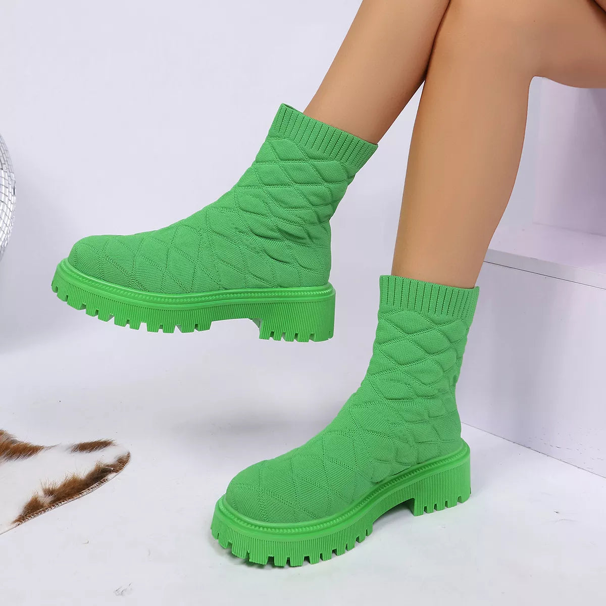Round Toe Block Heels Boots - Green