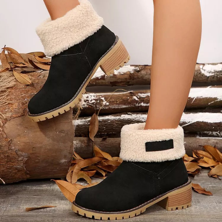 Round Toe Block Heels Boots - Black