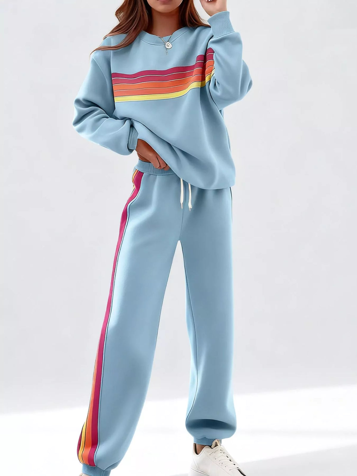 Striped Round Neck Sweatshirt and Pants Set - Blue