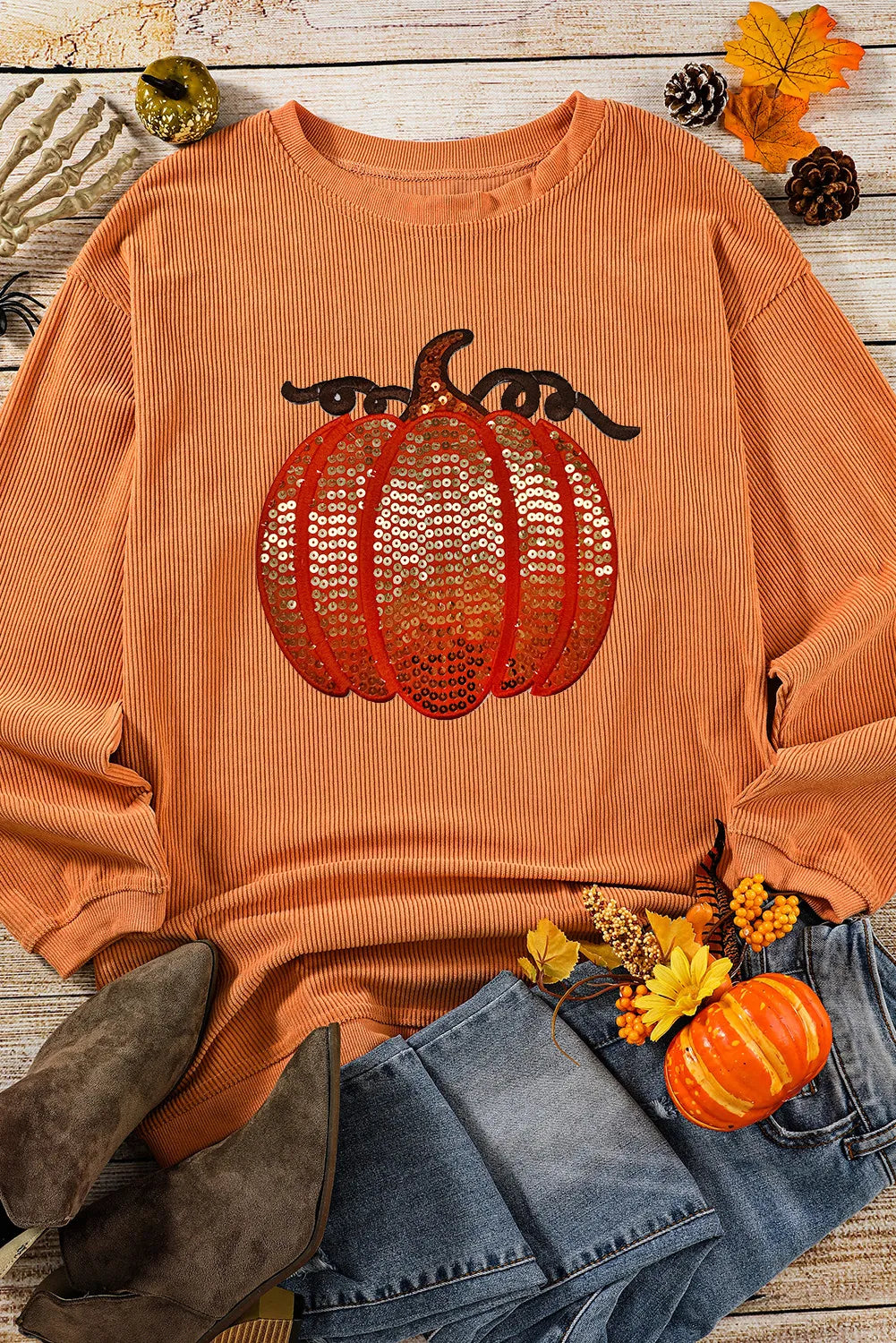Sequin Pumpkin Round Neck Long Sleeve Sweatshirt -