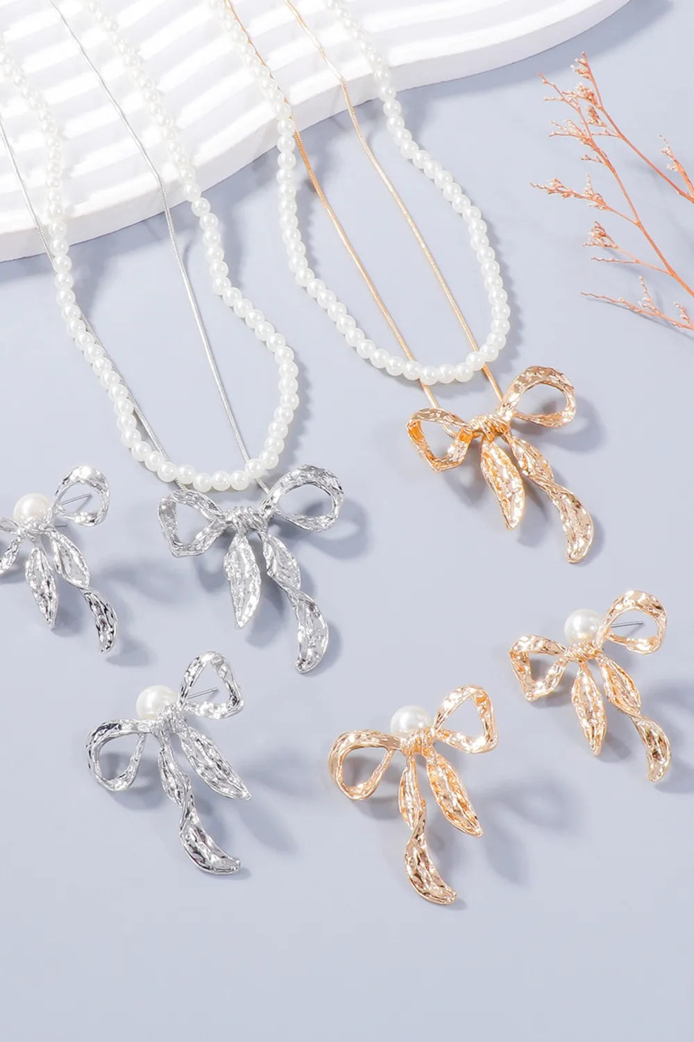 Synthetic Pearl Bow Necklace and Bow Earrings Jewelry Set -