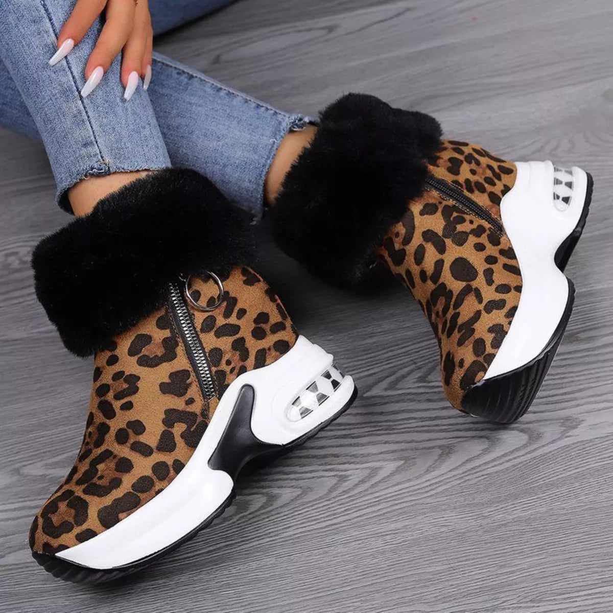 Fuzzy Side Zipper Platform Ankle Boots -