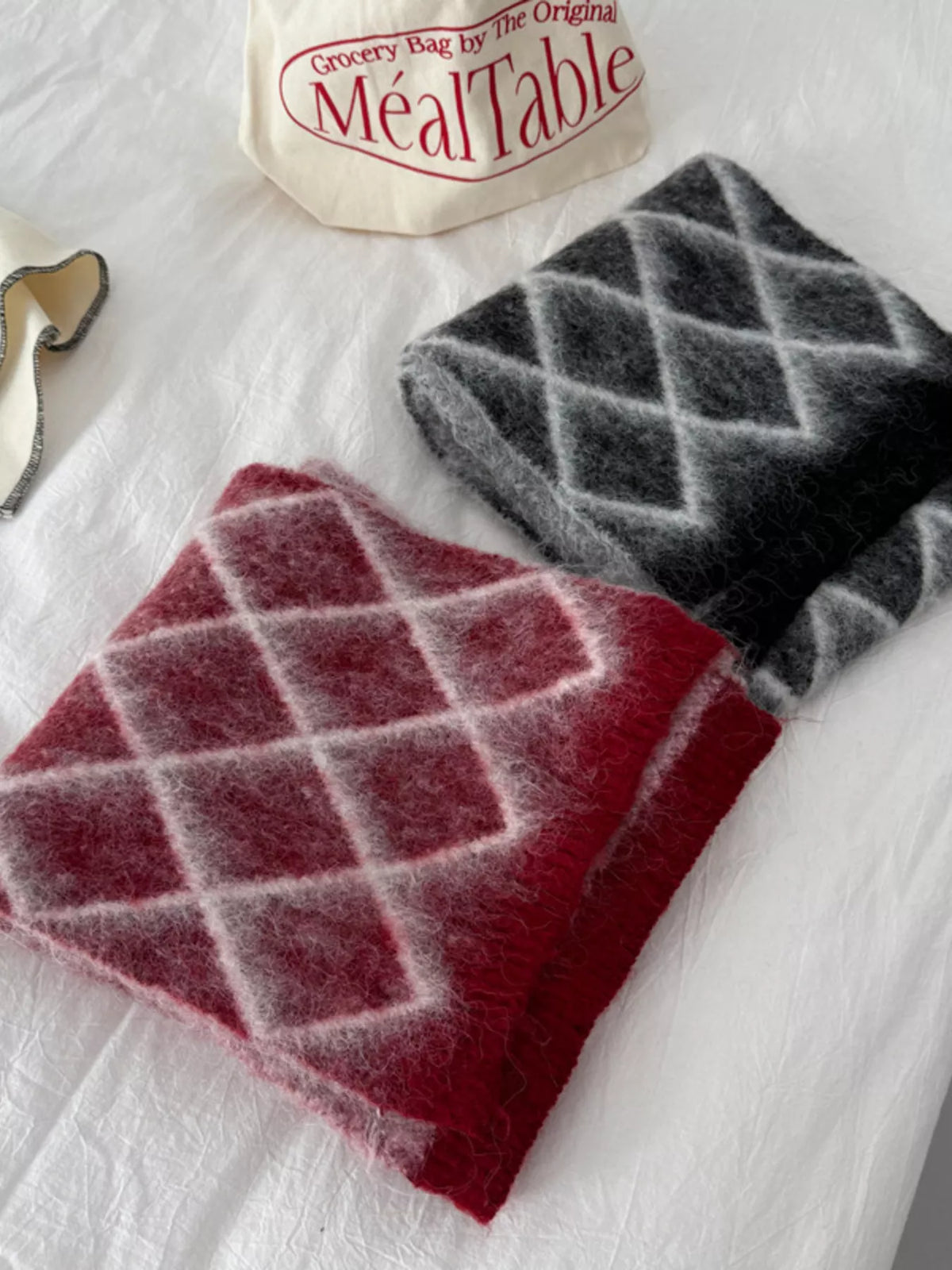 Diamond Pattern Fuzzy Knit Scarf -