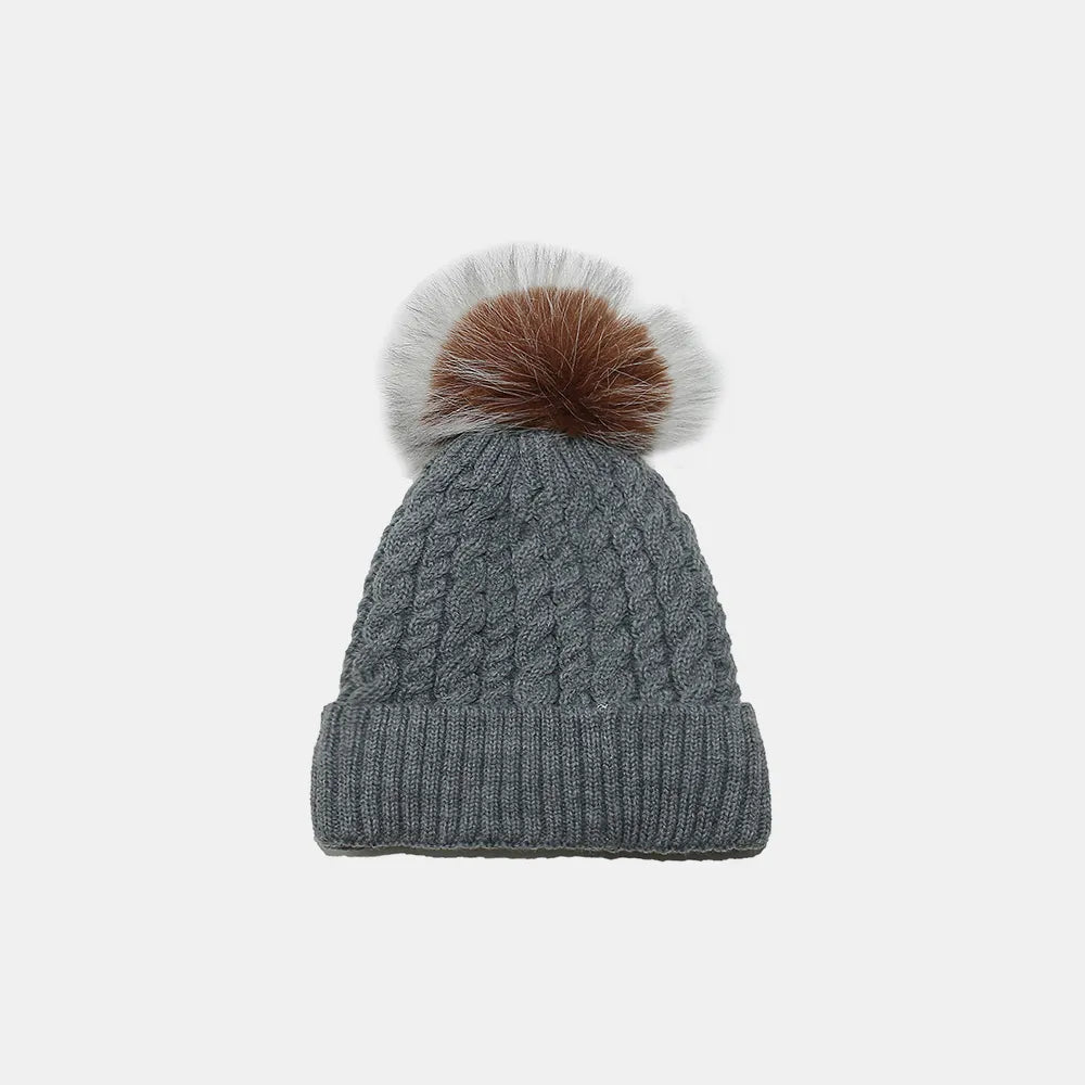 Cable Knit Winter Hat with Pompom - Dark Gray One Size