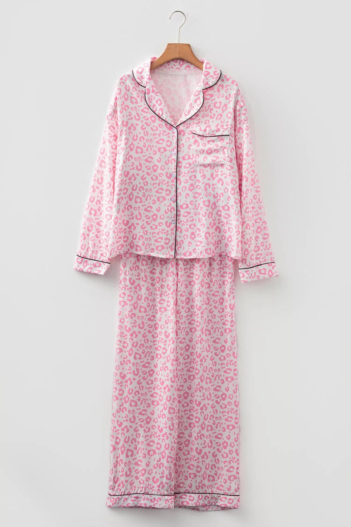 Leopard Print Button Up Top and Pants Pajama Set -