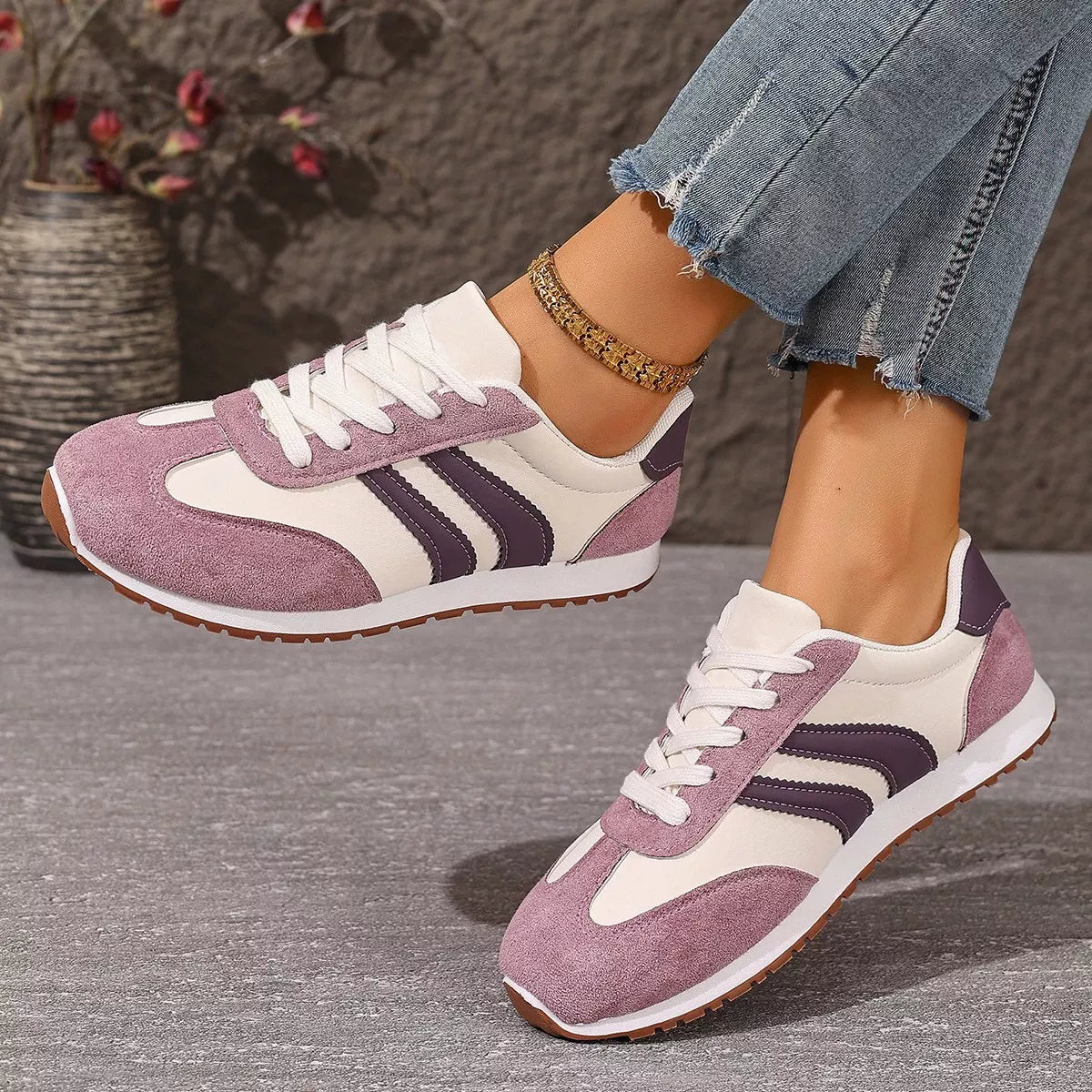 Striped Lace-Up Casual Sneakers - Pink Purple