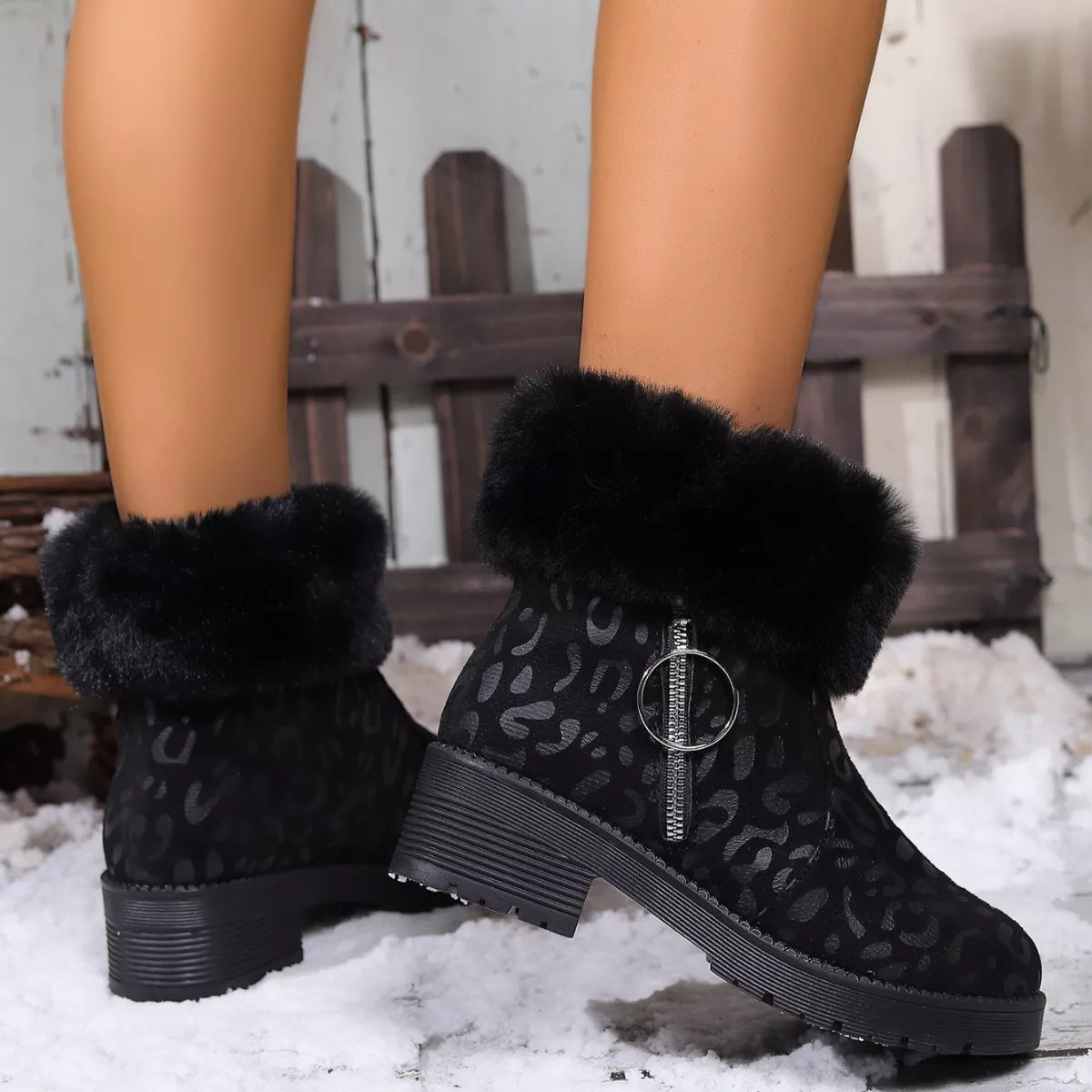 Fuzzy Cuff Leopard Print Ankle Boots -