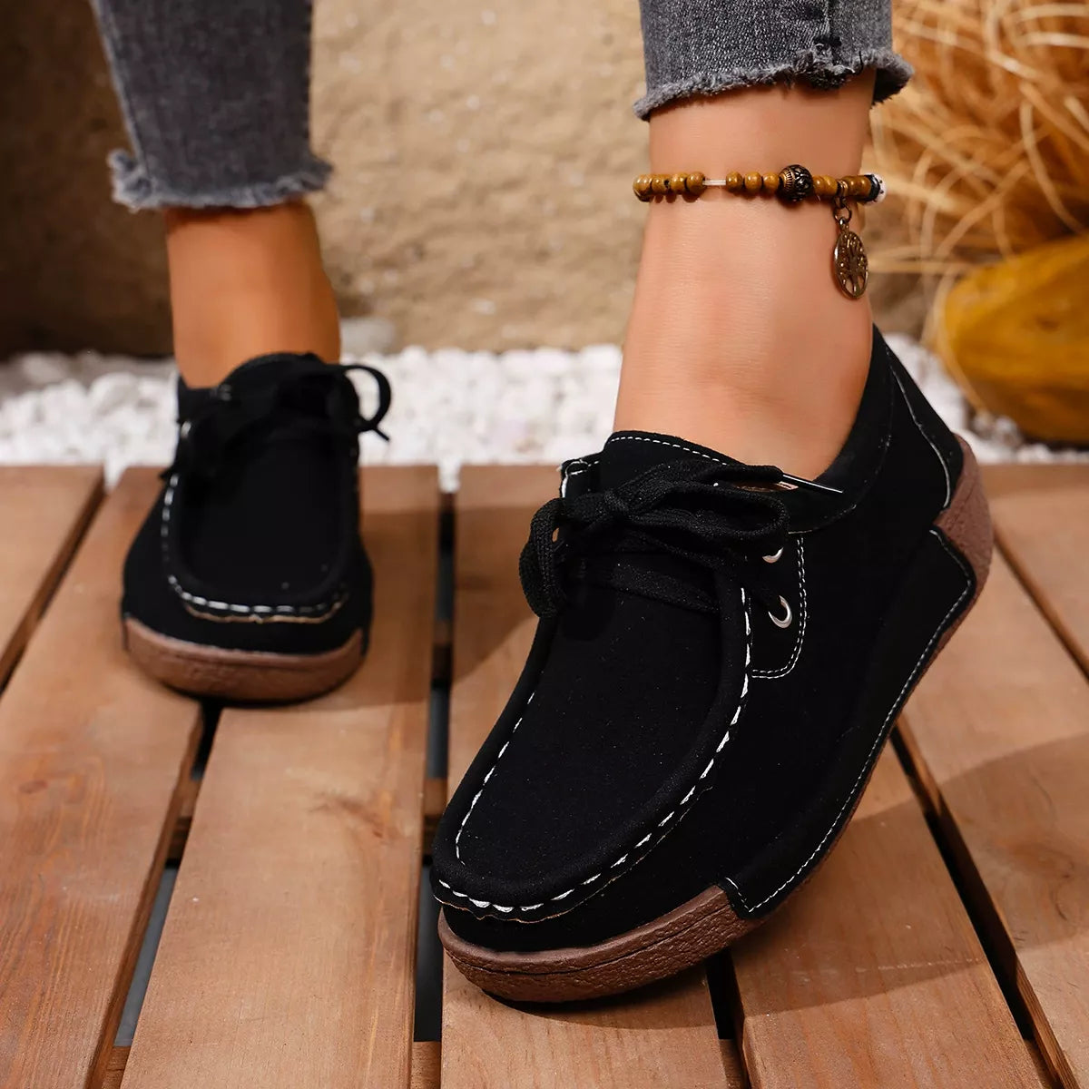 Lace-Up Casual Loafers - Black