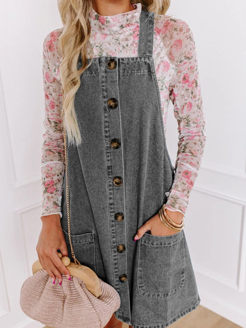 Wide Strap Button Down Denim Overall Dress - Gray