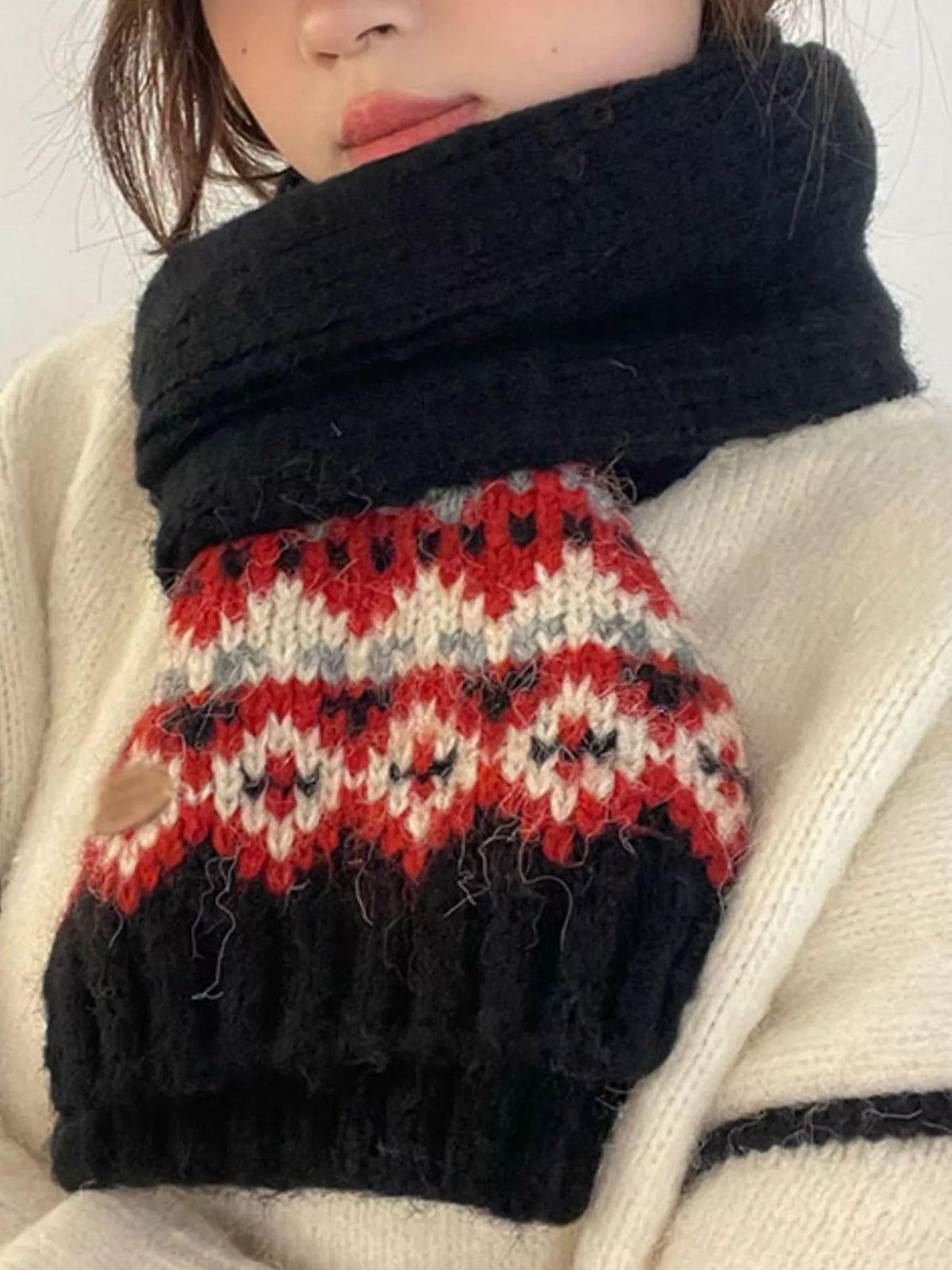 Nordic Pattern Knitted Winter Scarf - Black One Size